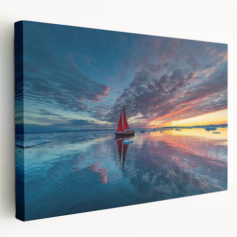Sailboat on calm waters in muted blue and white hues on stretched canvas, suitable for kitchen wall art.