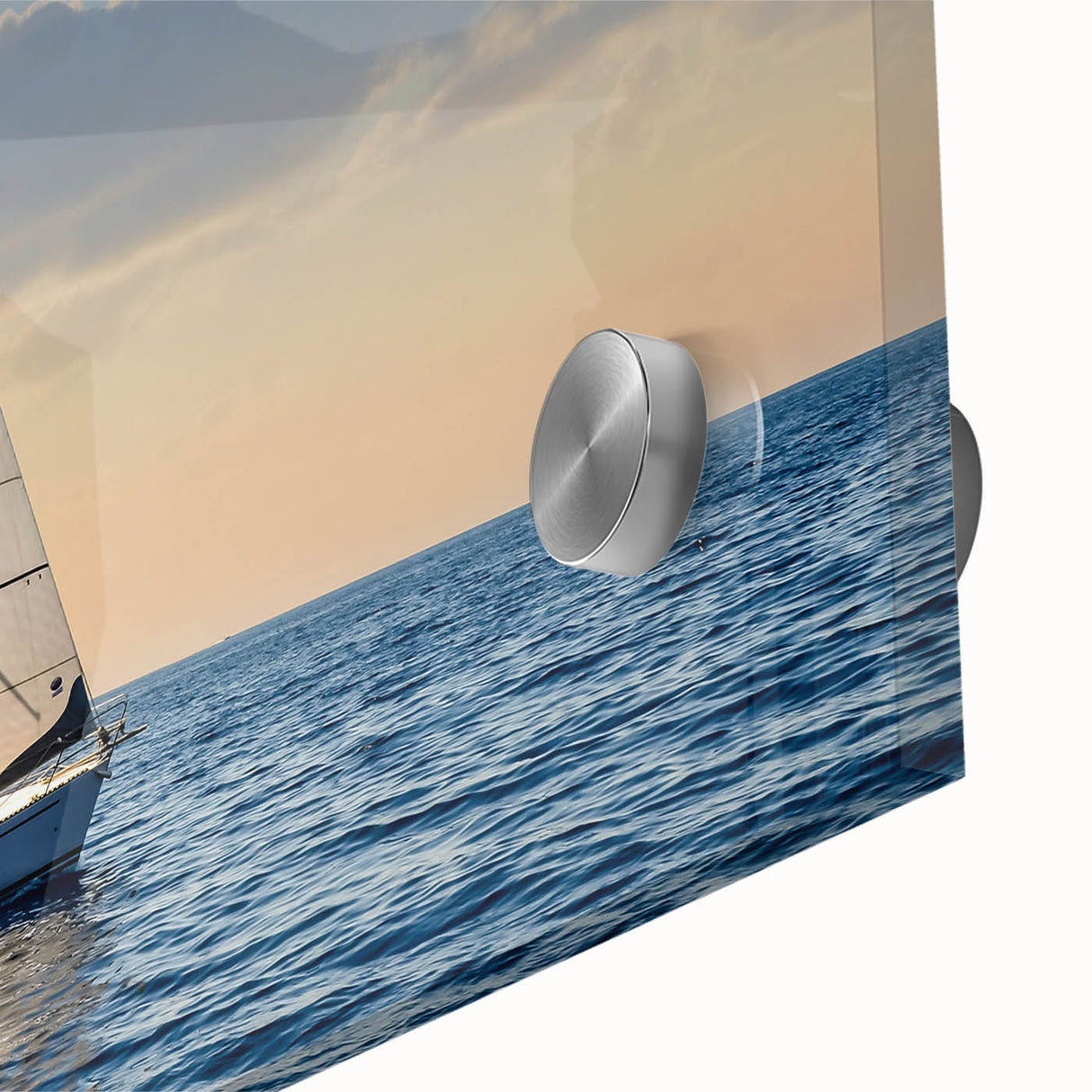Large abstract wall art of a sailboat, in muted blue and gray, acrylic print, ideal for dining room ambiance.