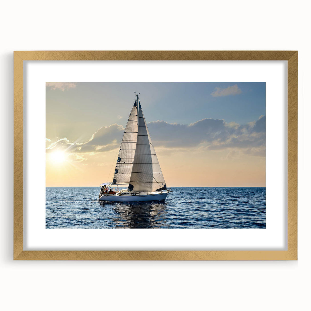 Textured abstract art print of a sailboat in muted blue and white tones on a gold-framed canvas.