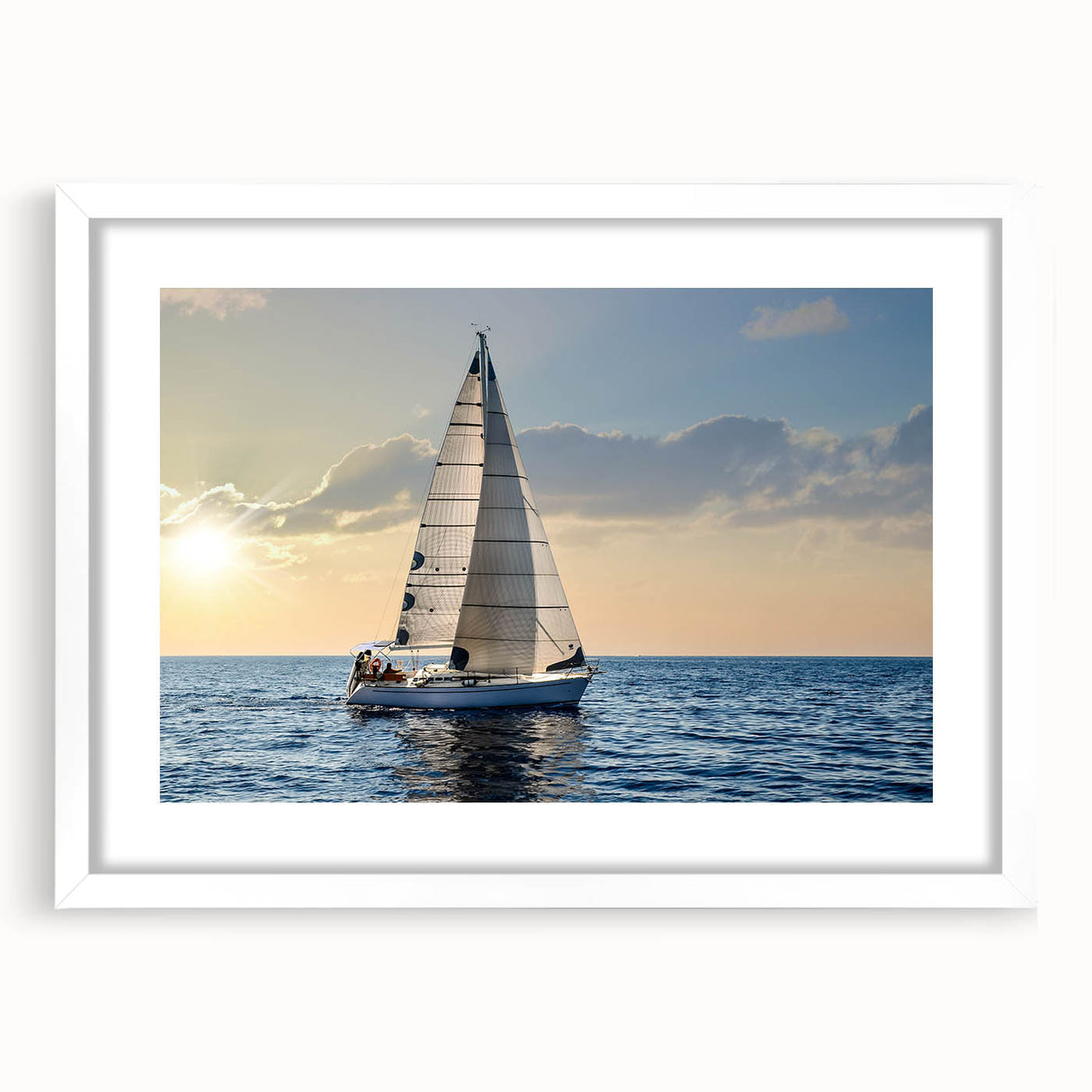Extra large abstract art print of a sailboat in textured blues and whites on a framed canvas, ideal for living room decor.