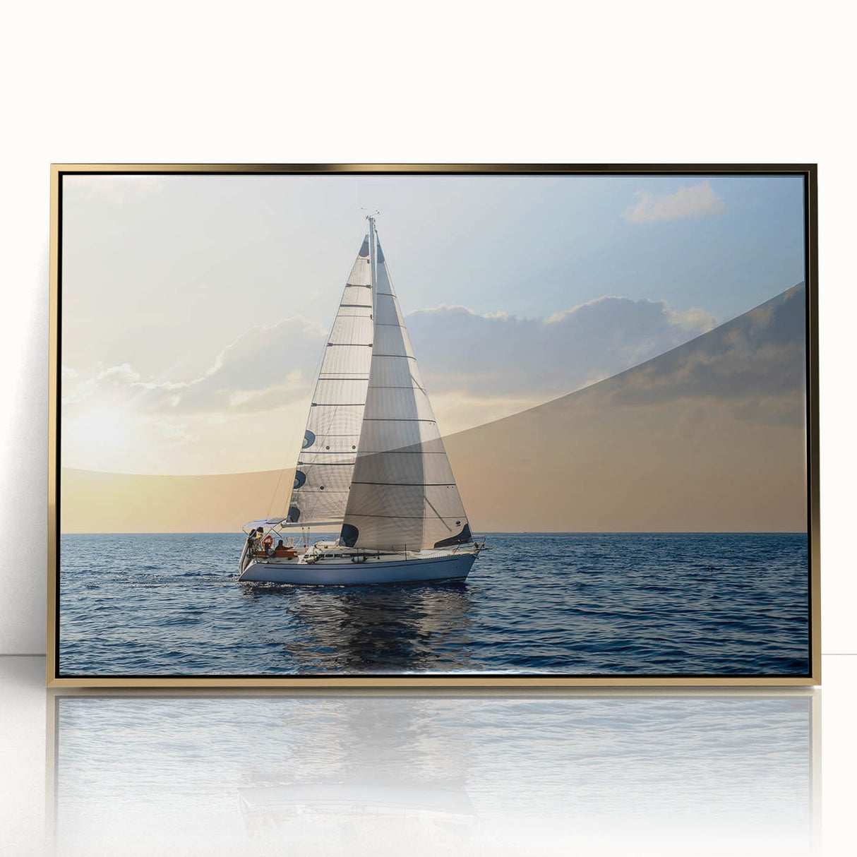 Mid-century modernist art featuring a sailboat, with a gold frame acrylic print, in muted navy and white tones.