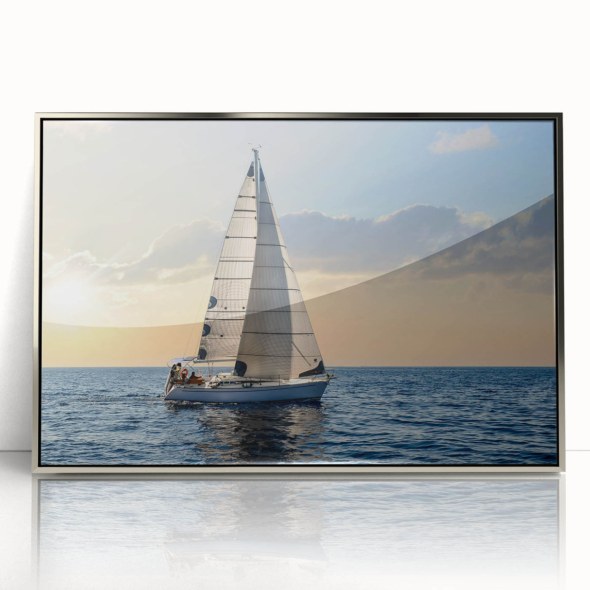 Art deco style sailboat illustration on silver-framed acrylic, featuring cool blue and white tones.