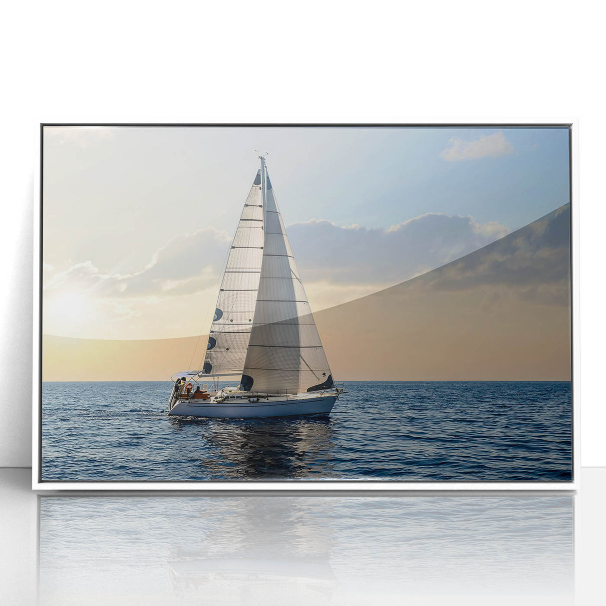 Mid-century modernist style large art print of a sailboat, with muted blue and white tones on framed acrylic.