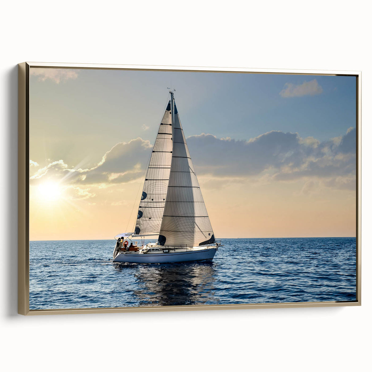 Framed canvas featuring vintage-style landscape art painting of a sailboat on a colorful sea.