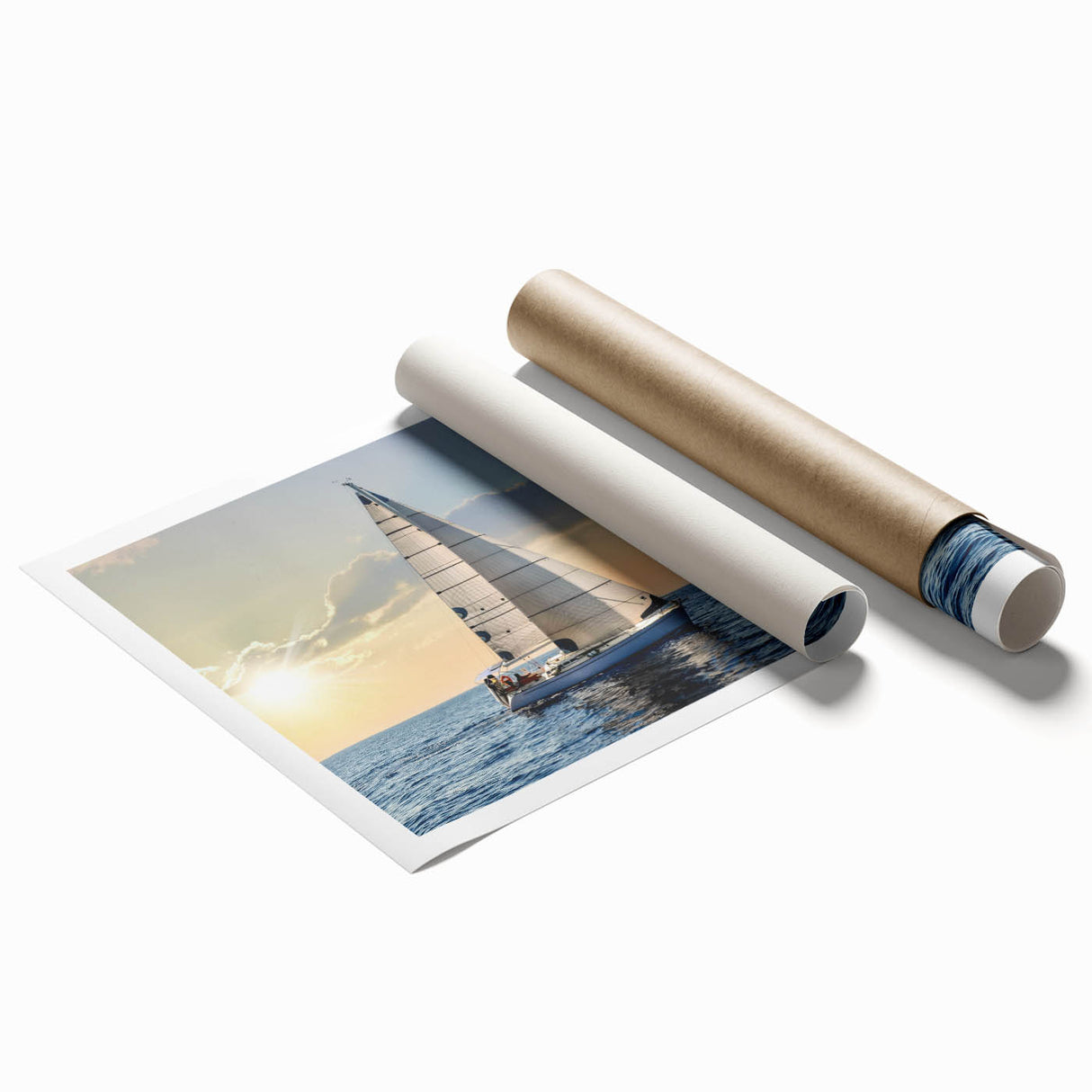 Extra large rolled print of a sailboat on tranquil waters, in soft blue and white tones.