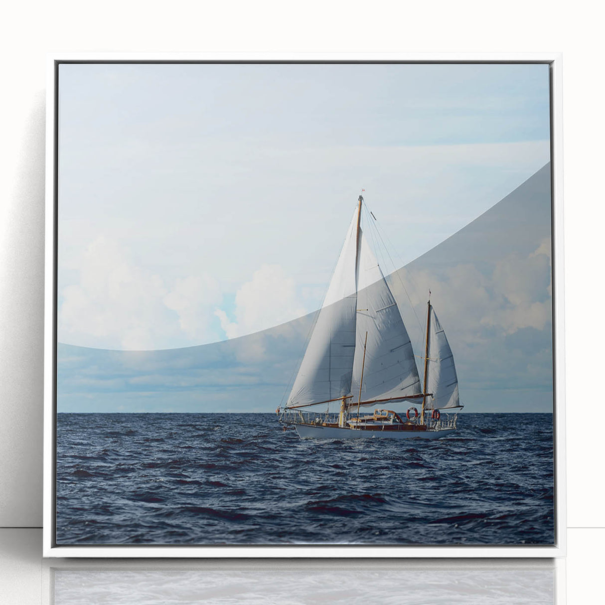 Framed acrylic print of a mid-century modernist sailboat in muted blue and white, ideal for modern art wall decor.
