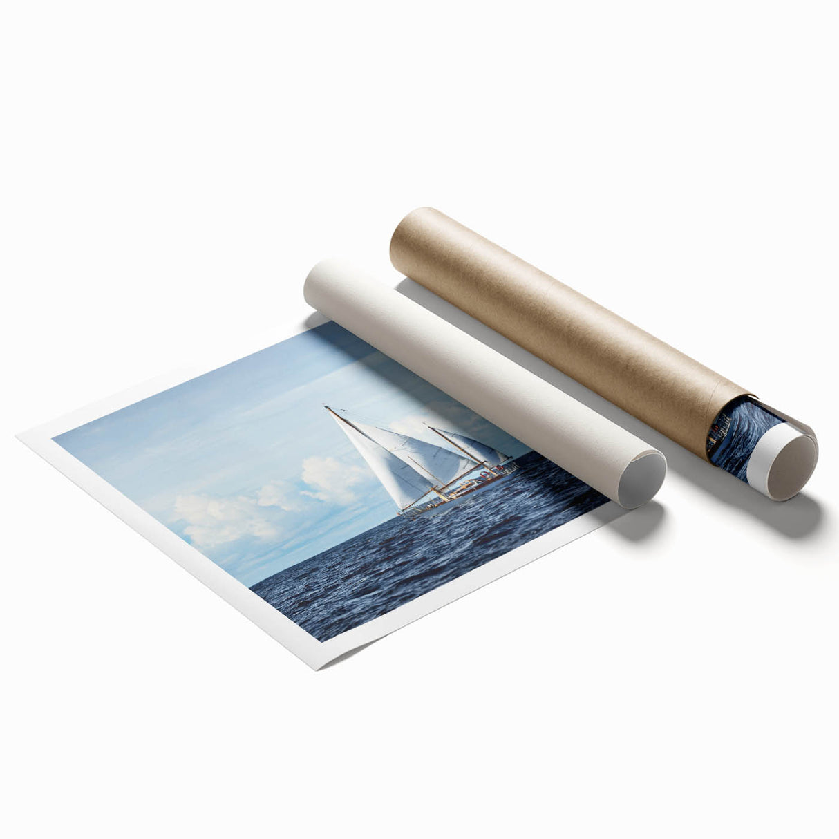 Rolled print of a sailboat on calm waters in muted blue and gray tones, suitable for classy bathroom wall art.