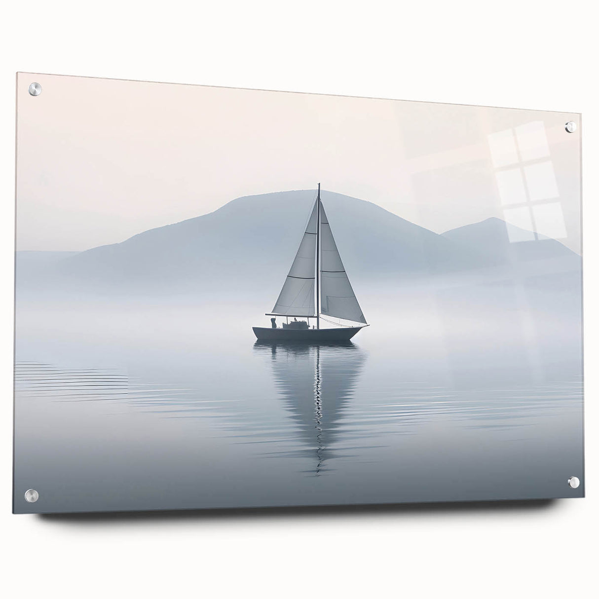 Acrylic print of a large abstract sailboat in blue and white tones, suitable for bedroom or dining room decor.