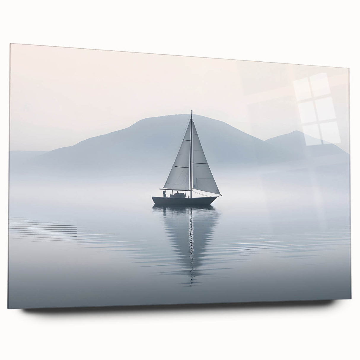 Side view of a large abstract sailboat print in muted blue tones on acrylic glass, ideal for bedroom or dining room art.