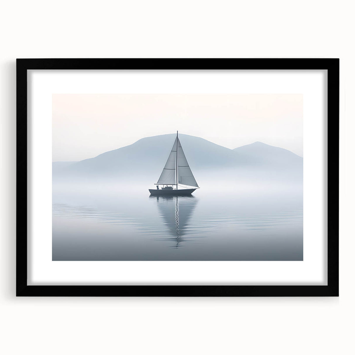 Colorful abstract art print of a sailboat, featuring vibrant blue and red tones on a textured canvas.