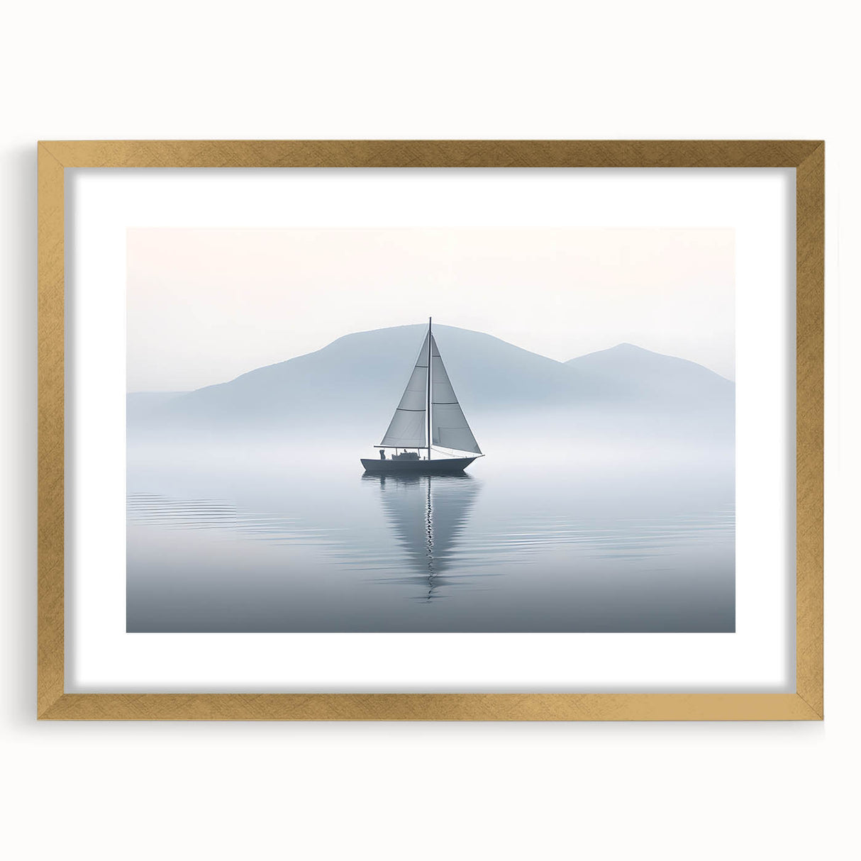 Textured art print of an abstract sailboat in muted blue and gray tones on a framed canvas, ideal for bedroom art.
