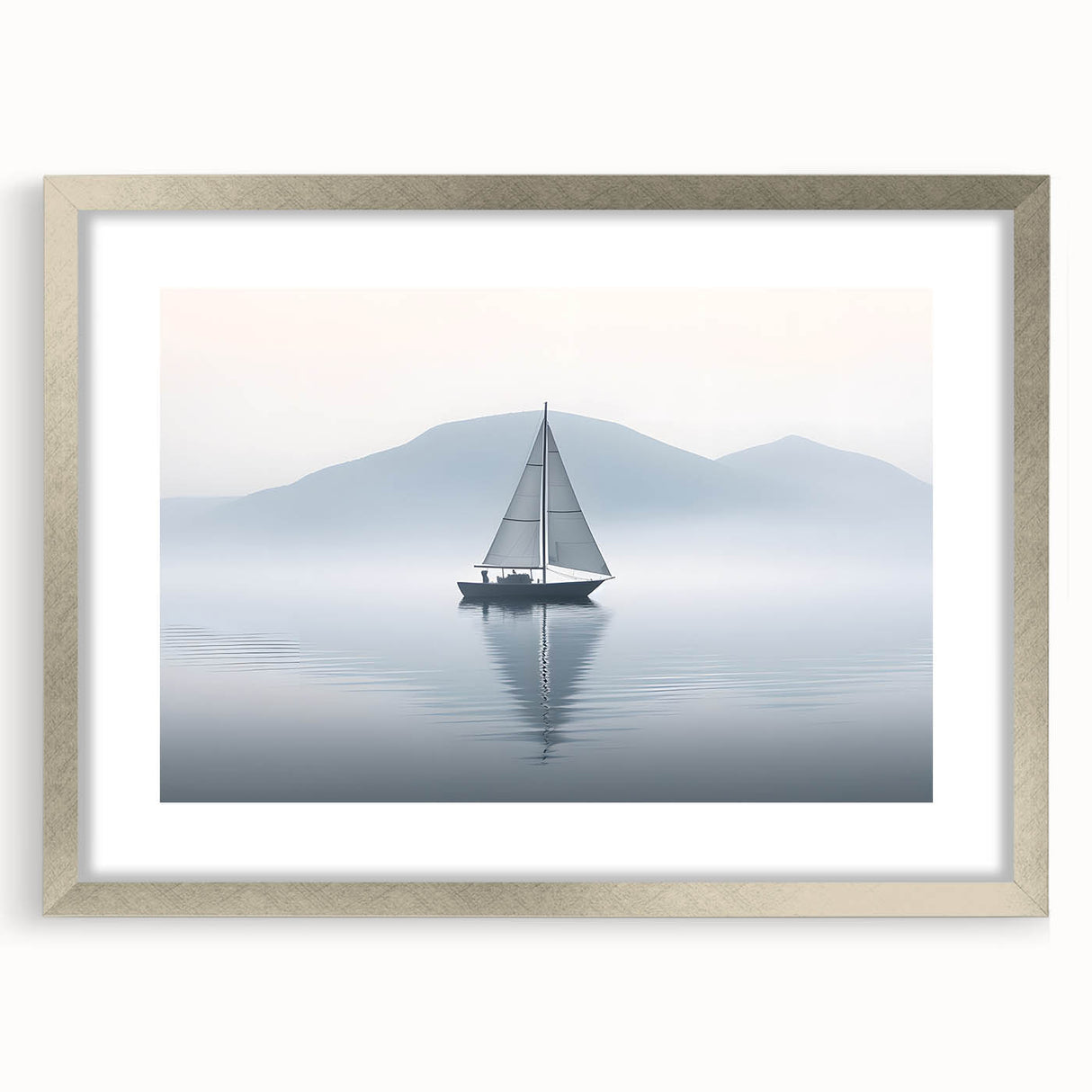 Abstract art print of a sailboat in muted blue and white tones on a silver-framed canvas, ideal for dining room decor.