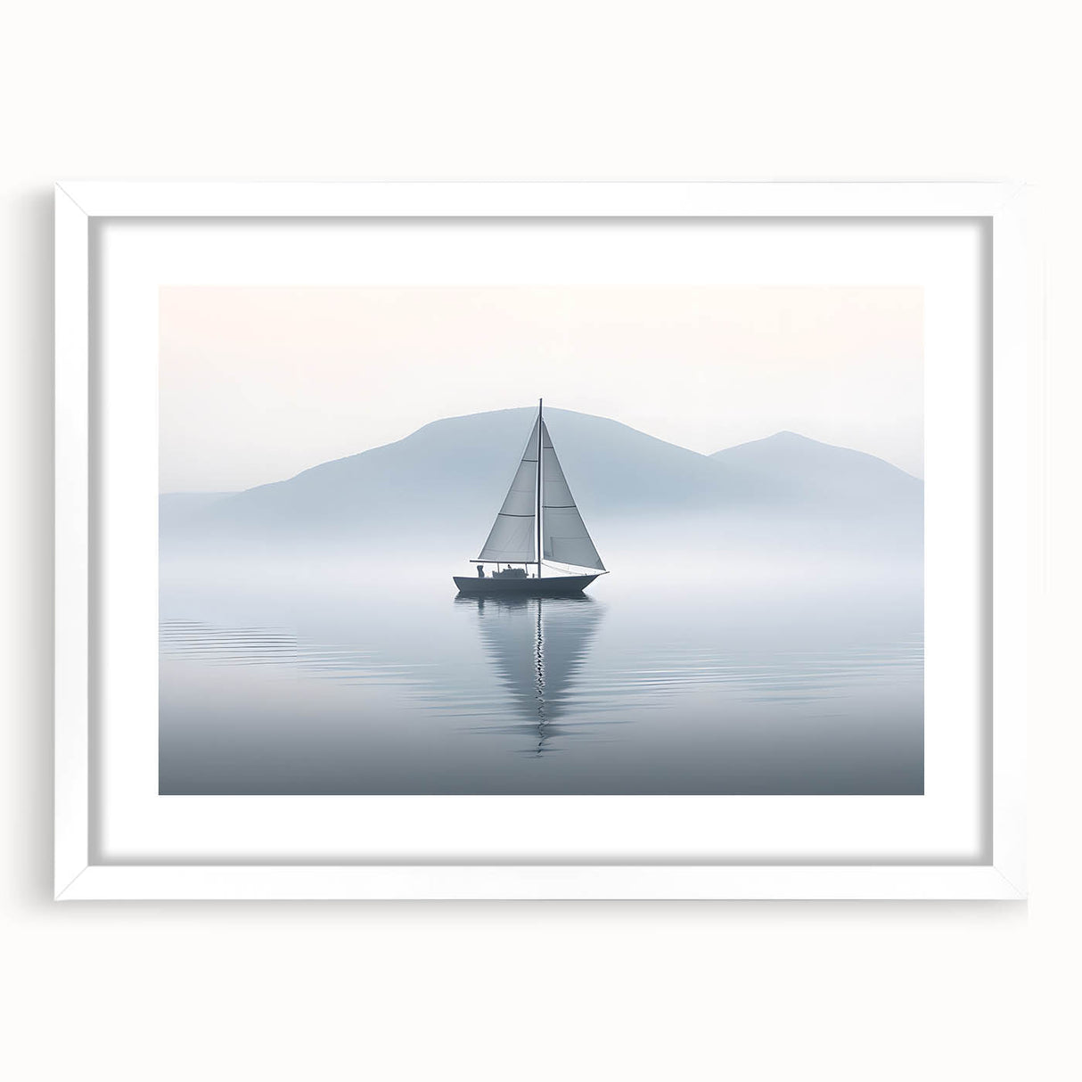 Extra large abstract art print of a sailboat, in textured blue and white tones, framed with a white mat.