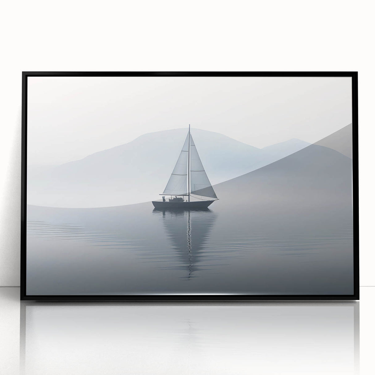 Large abstract wall art of a sailboat in monochrome shades, framed acrylic print, suitable for modern art wall decor.