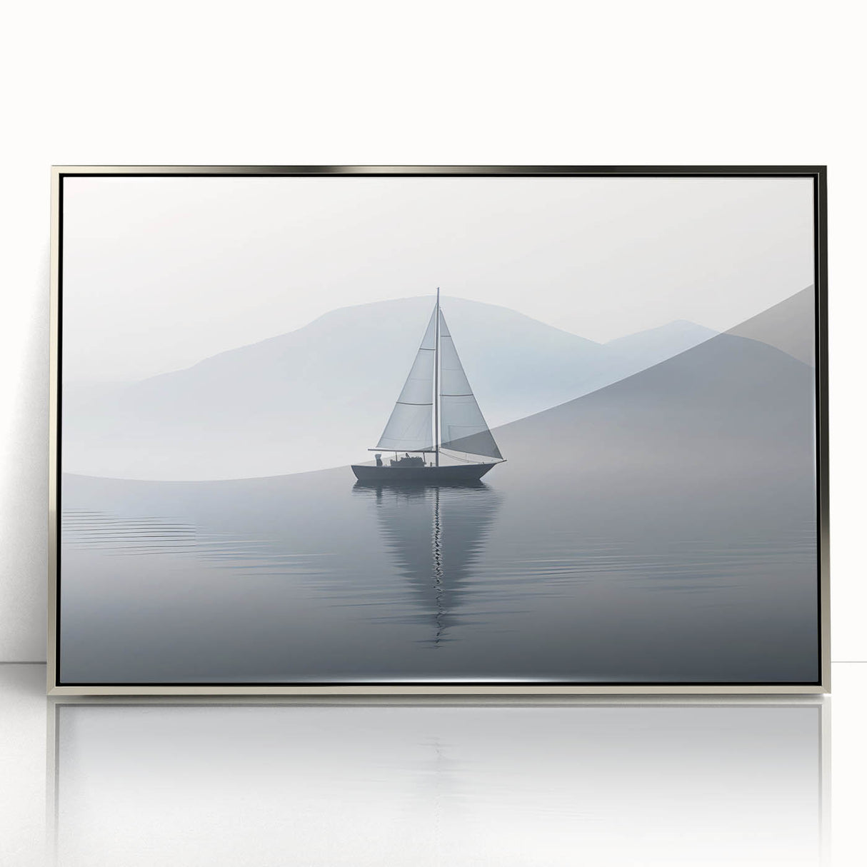 Art deco poster of a sailboat on calm waters, in muted blue and gray tones, framed in silver acrylic.