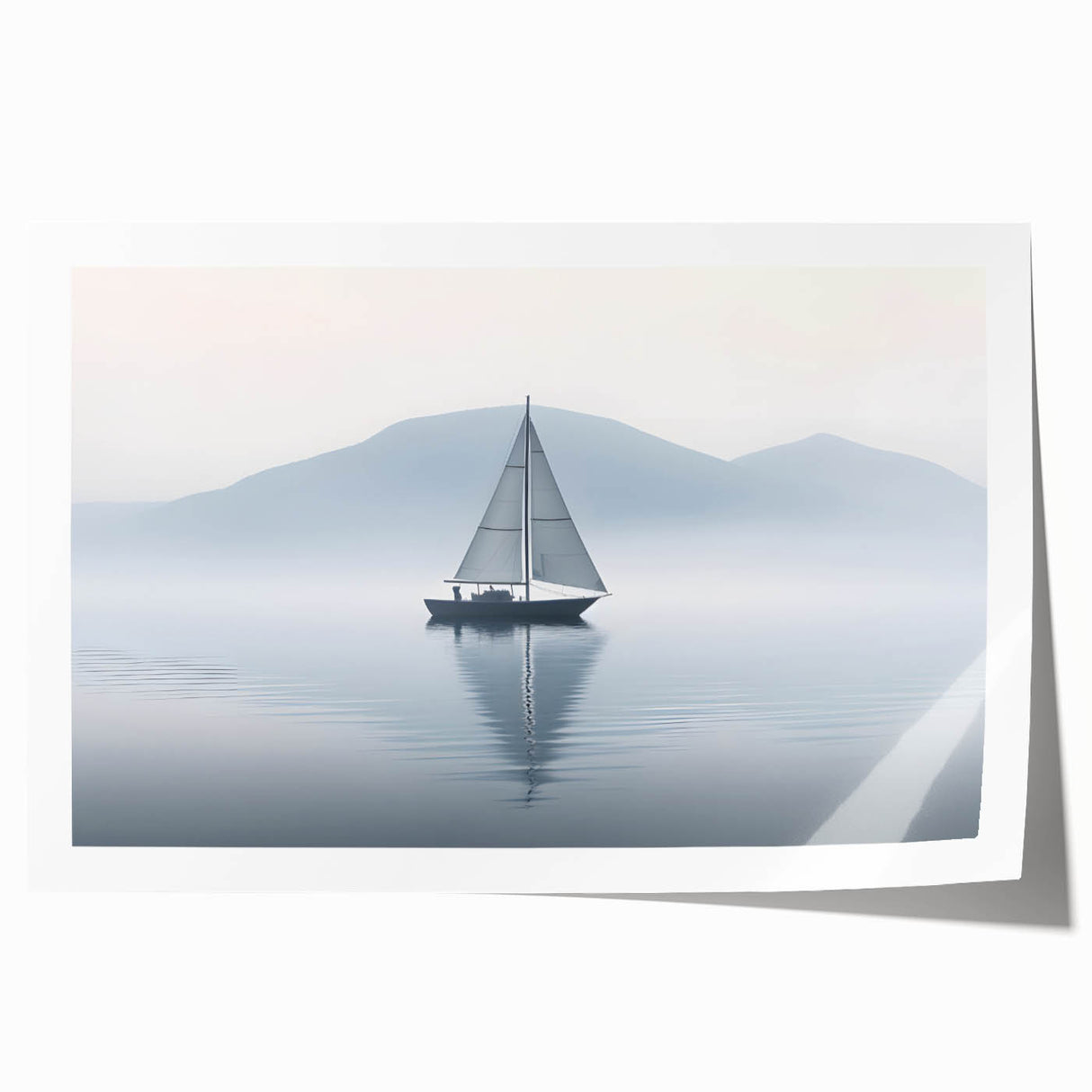 Sailboat on a calm sea in muted blue and gray tones, rolled canvas print, suitable for dining room wall decor.