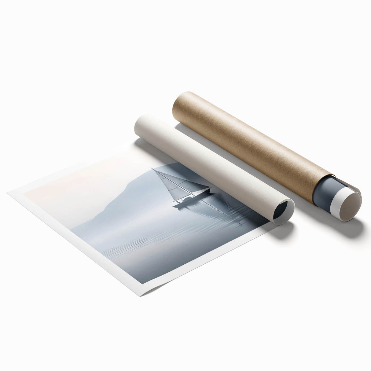 Large rolled print of a sailboat on calm waters, using muted blue and white tones, ideal for classy bathroom wall decor.