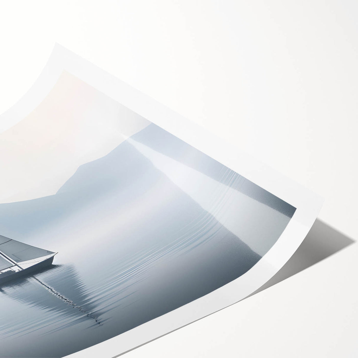 Extra large wall art featuring a sailboat on a serene lake, in muted blues and grays, ideal for large living room wall decor.