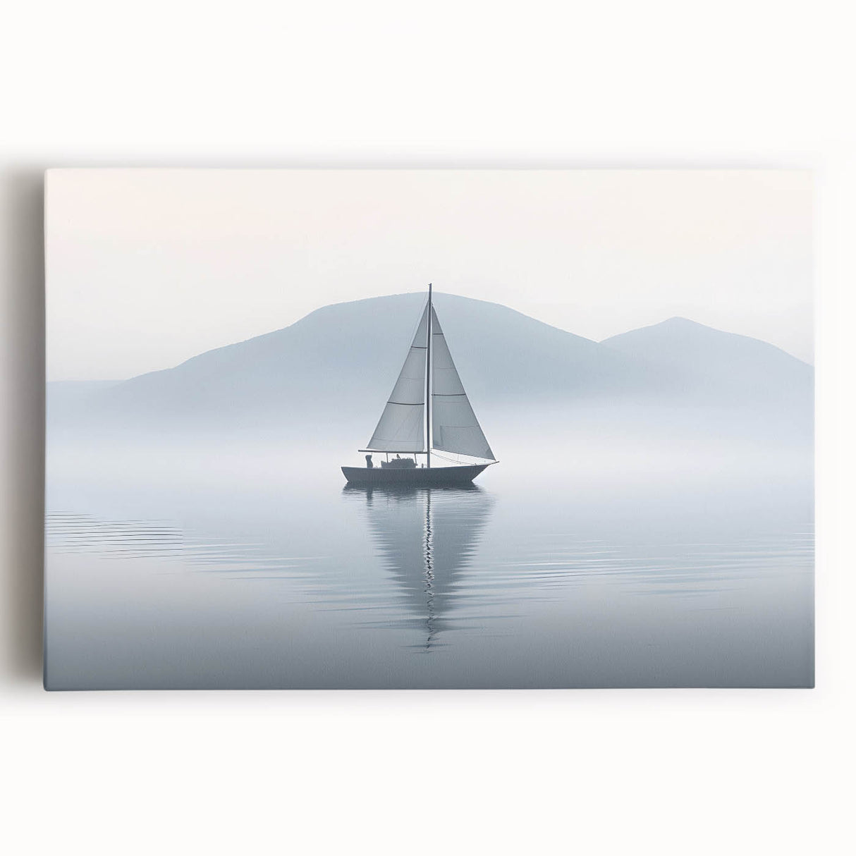 Black and white photograph of a sailboat on a large stretched canvas, suitable as kitchen wall art.