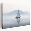 Sailboat on calm waters depicted in muted blues and whites on a stretched canvas, suitable for kitchen wall art.