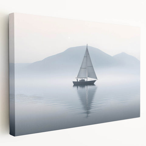 Sailboat on calm waters depicted in muted blues and whites on a stretched canvas, suitable for kitchen wall art.