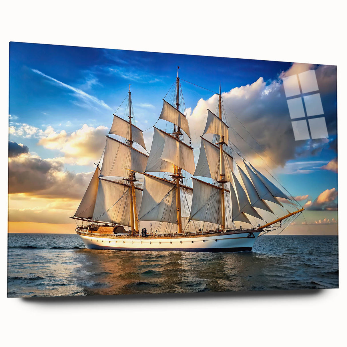 Acrylic print of a large abstract sailboat in cool blue and white tones, ideal for bedroom or dining room art.