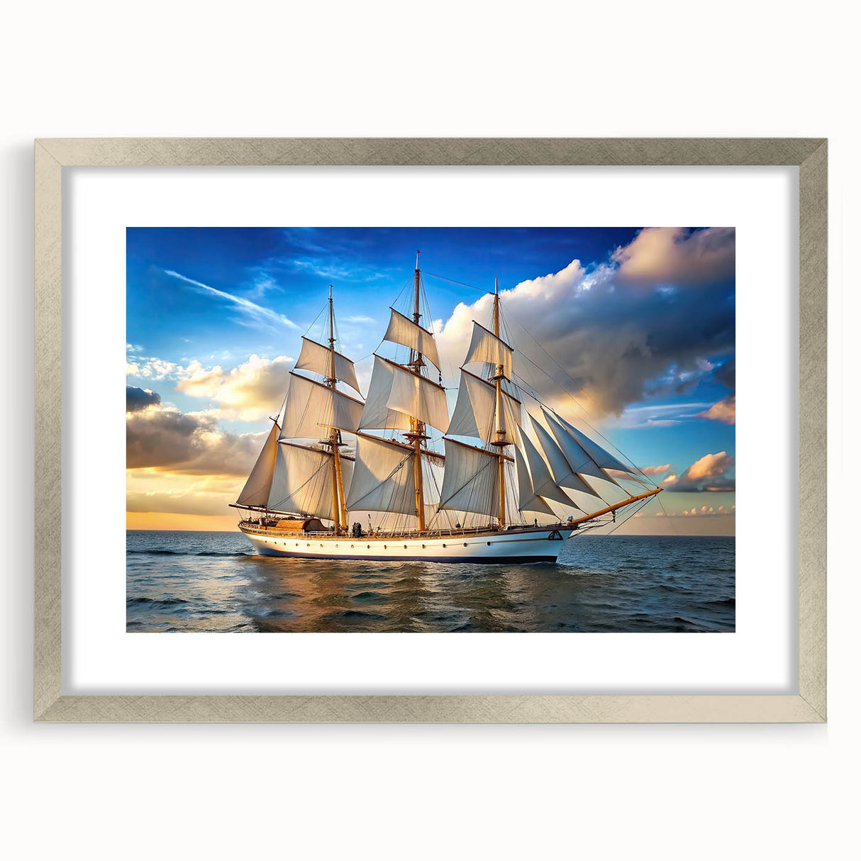 Abstract art print of a sailboat in muted blue and white tones on a silver-framed canvas.