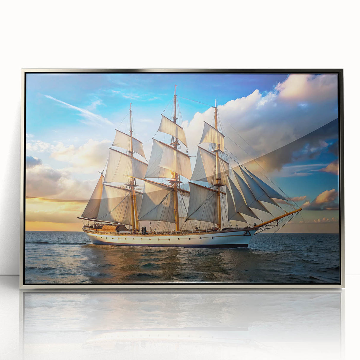 Framed acrylic print of a sailboat in art deco style, featuring silver and blue tones, ideal for modern nursery wall art.