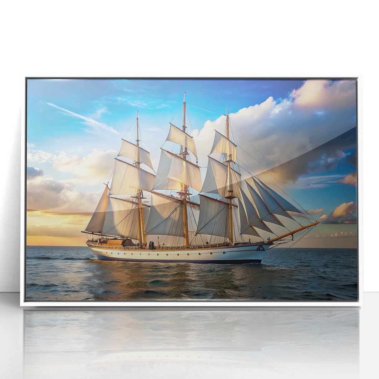 Mid-century modernist style sailboat on a blue ocean, pale sky background, displayed in a white acrylic frame.