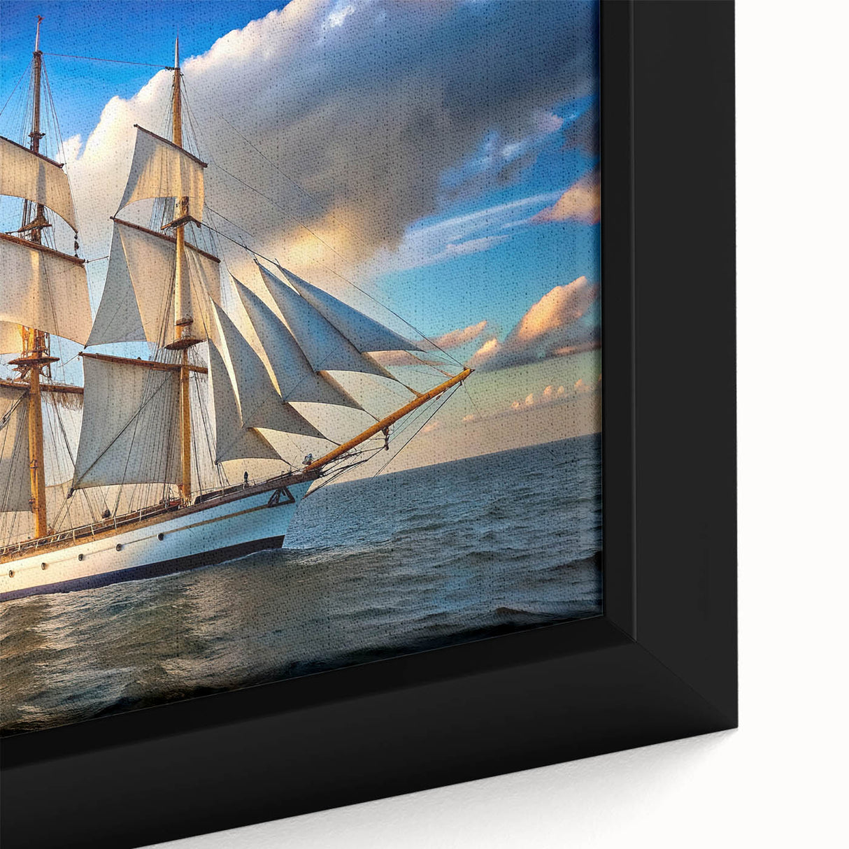 Framed canvas of a large black sailboat on textured, colorful art background, ideal for living room decor.