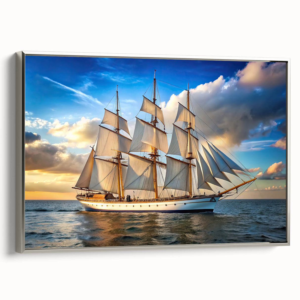 Vintage poster art of a sailboat on framed canvas, featuring black and colorful art, ideal for large living room walls.