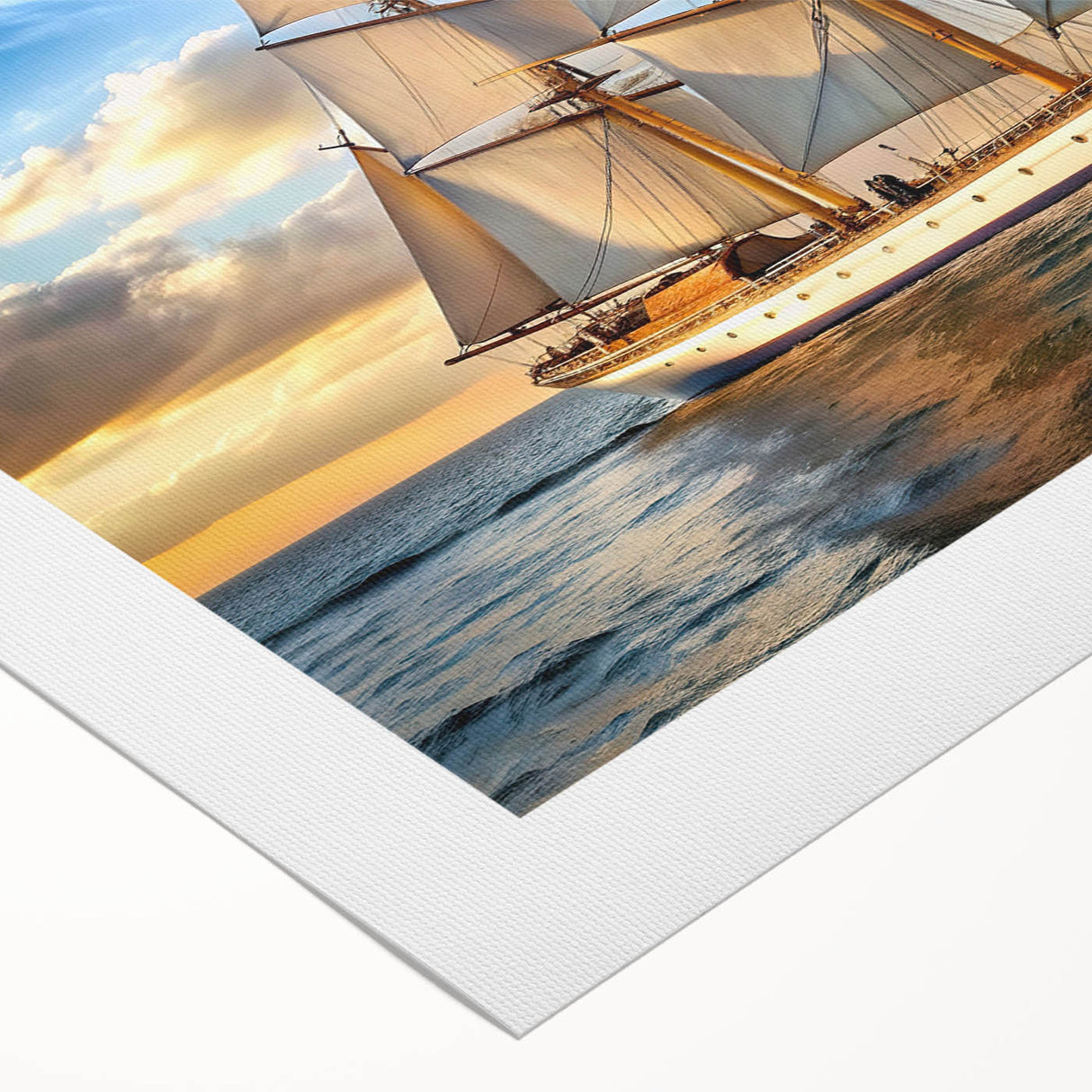 Art deco poster of a sailboat on rolled canvas, featuring vibrant blue and white tones, suitable for dining room wall art.