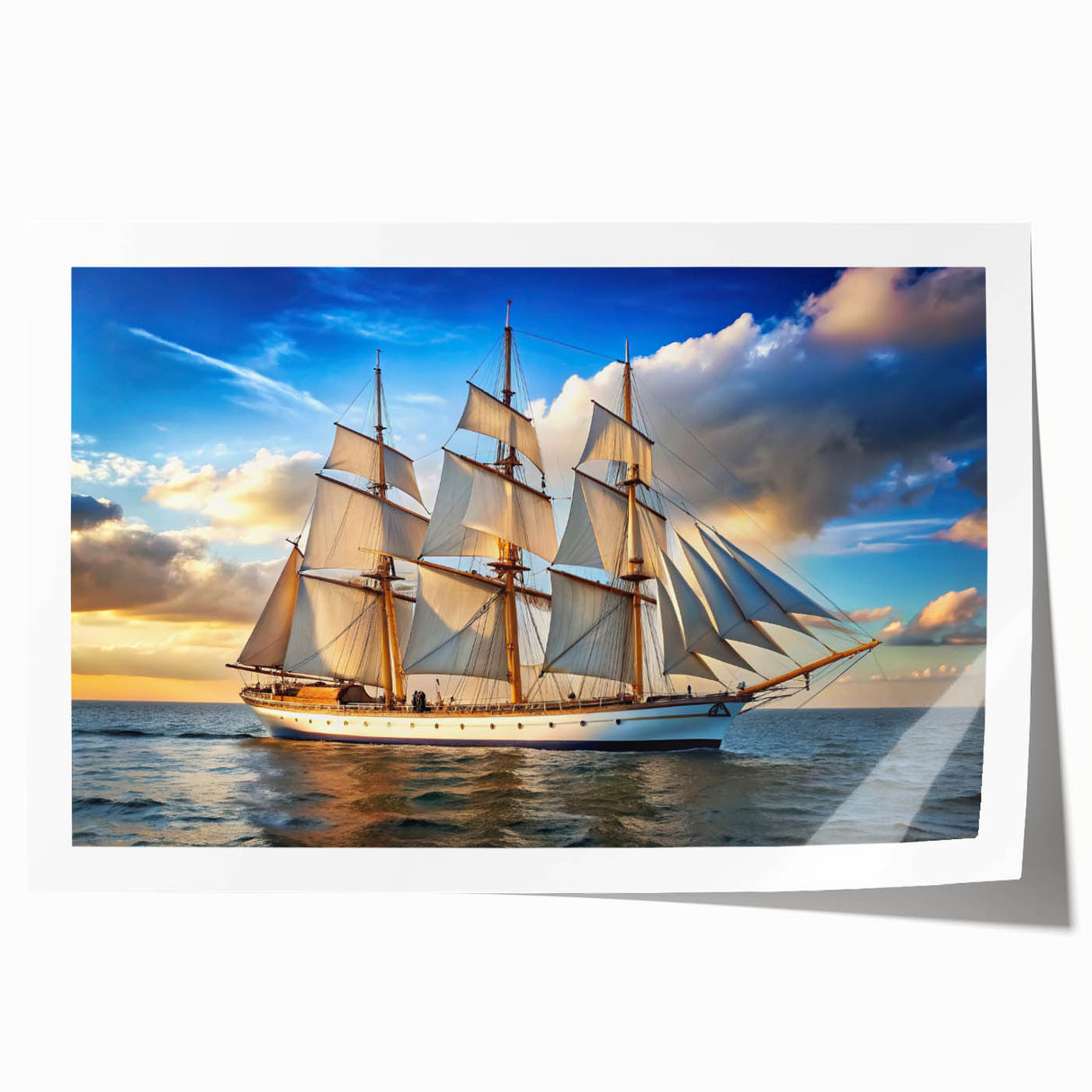 Rolled print of a sailboat on calm waters, using a palette of soft blues and whites, ideal for art wall dining room.