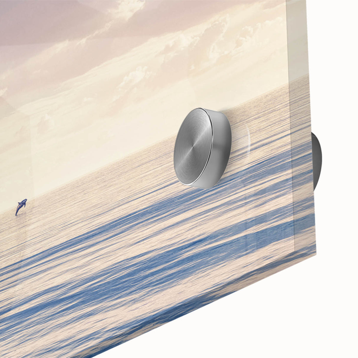 Large abstract sailboat print in muted blue and white tones on acrylic glass.