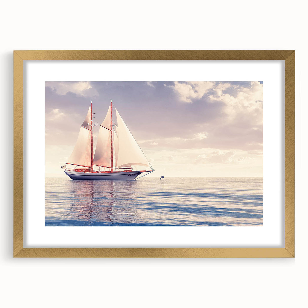 Textured art print of an abstract sailboat in muted blue and white tones on a gold-framed canvas, suitable for bedroom decor.