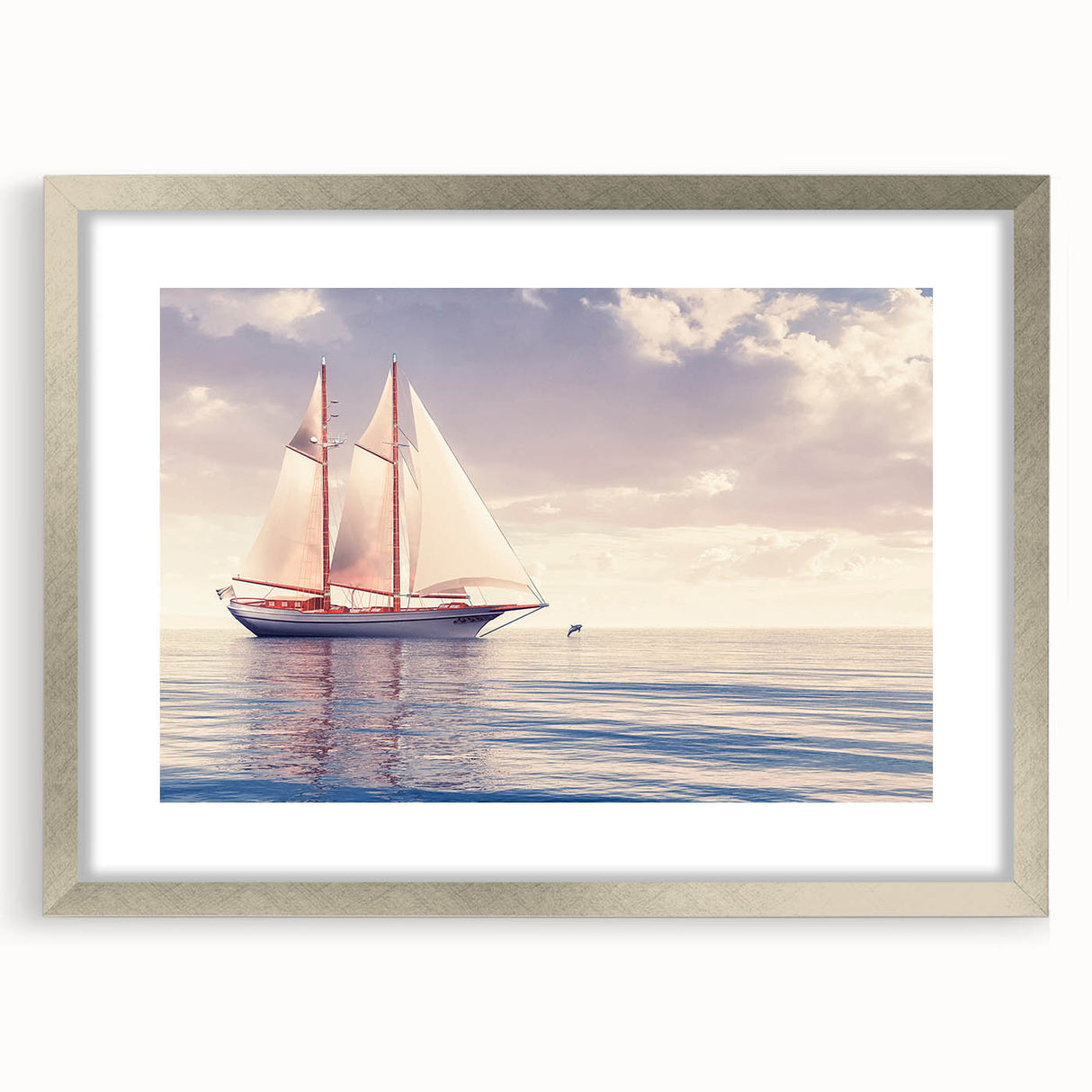 Abstract art print of a sailboat in silver frame, featuring cool blue and white tones, ideal for dining room decor.