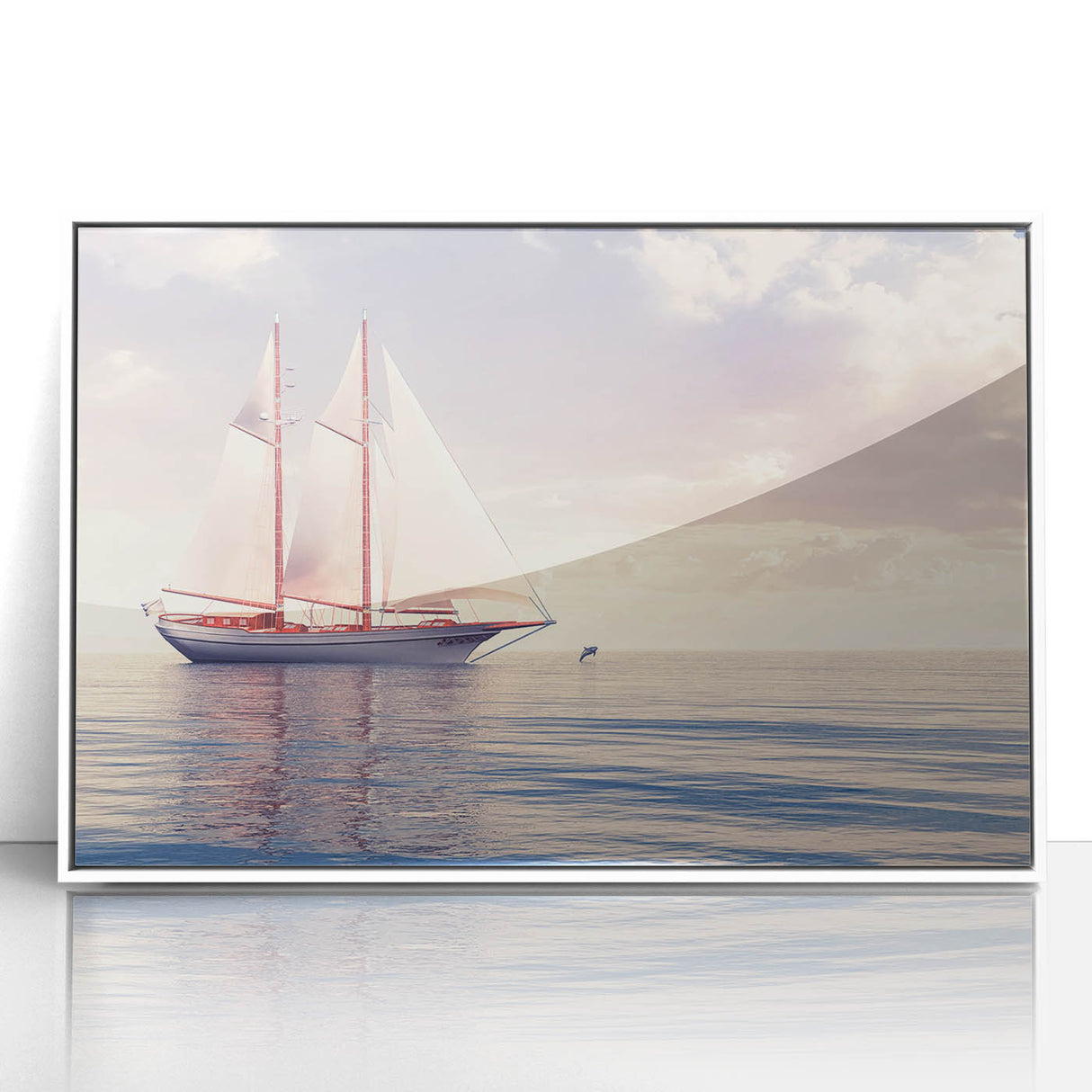 Mid-century modernist style large art print of a sailboat, using muted blue and white tones on framed acrylic.