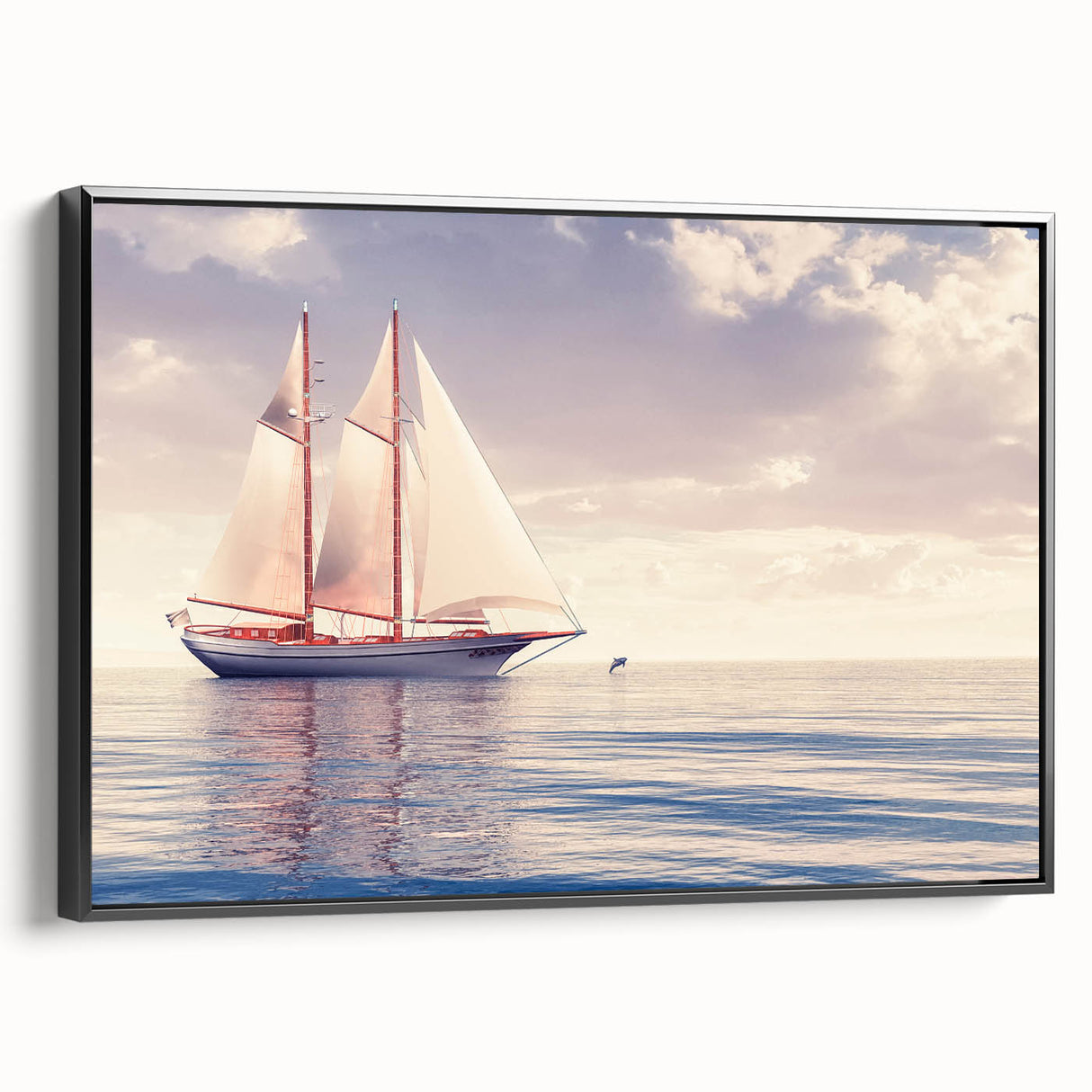 Framed canvas featuring a black and white vintage sailboat on the water, ideal for bedroom landscape art.