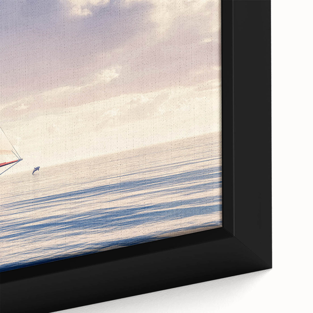 Extra large framed canvas featuring a black sailboat on a textured, colorful abstract background.
