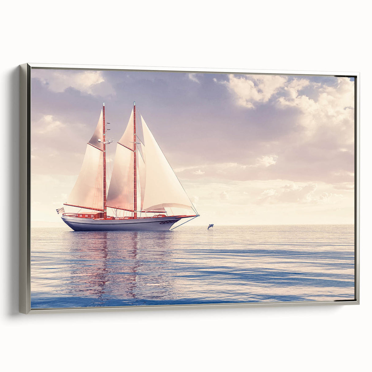 Vintage poster art of a colorful sailboat on black framed canvas, ideal for extra large living room wall.