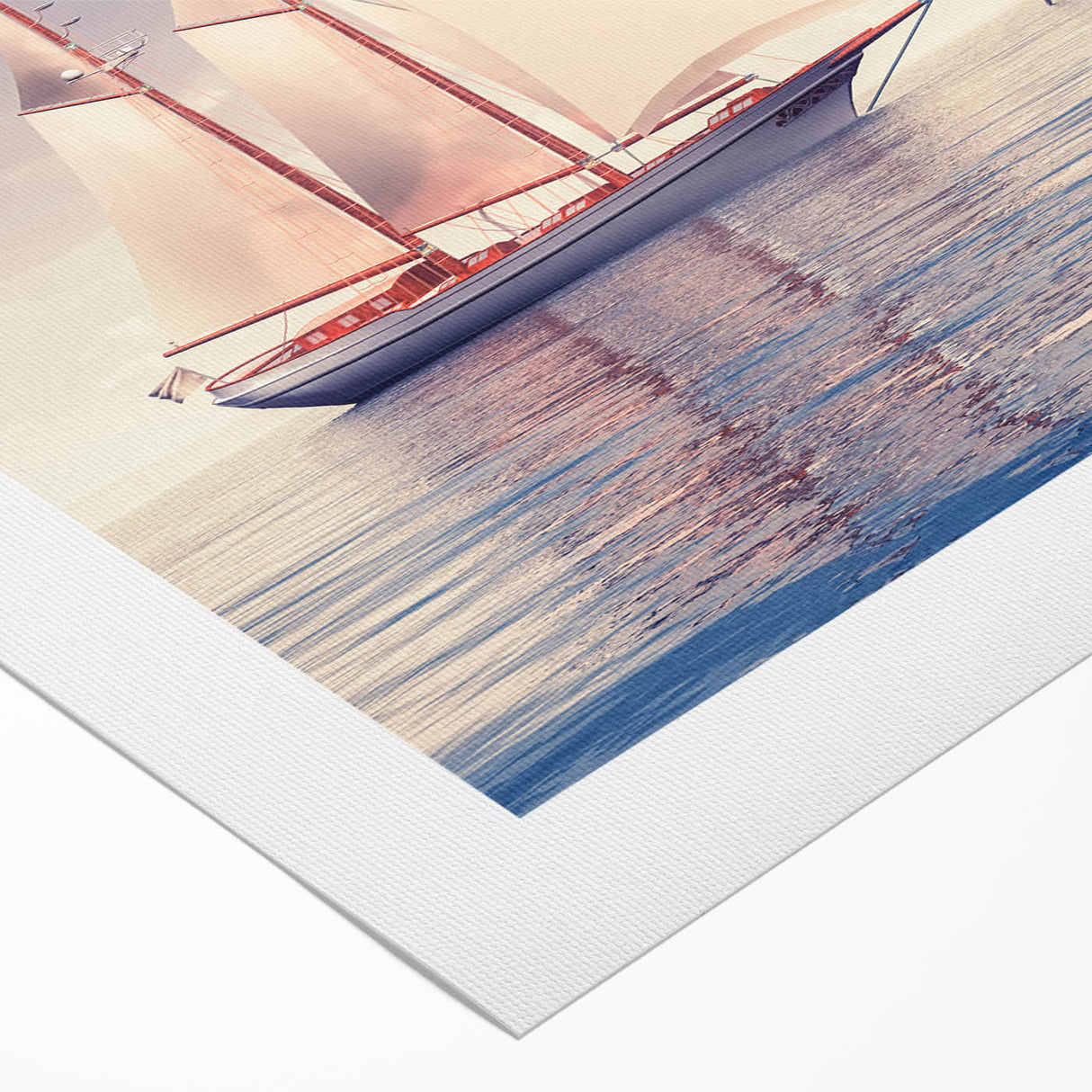 Art deco style poster of a sailboat on rolled canvas, featuring muted blue and white tones.