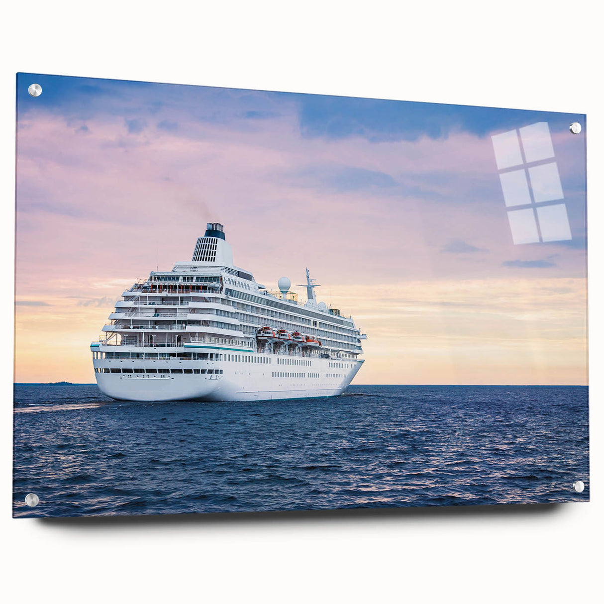 Acrylic print of a large abstract depiction of a ship in neutral gray and blue tones.