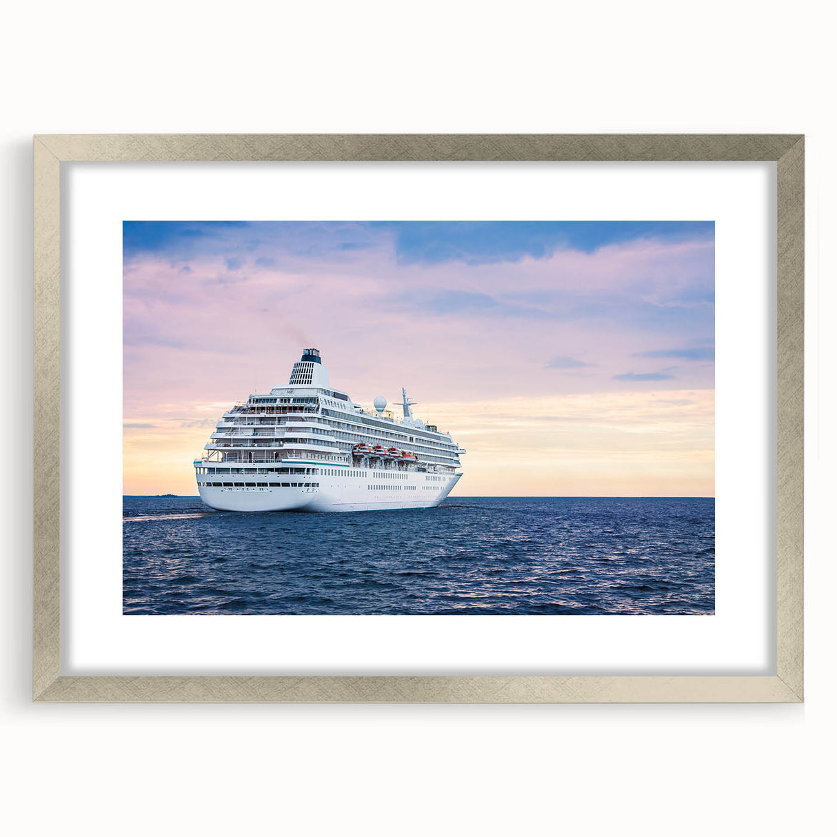 Abstract art print of a stylized ship in muted gray and blue tones on a framed canvas.