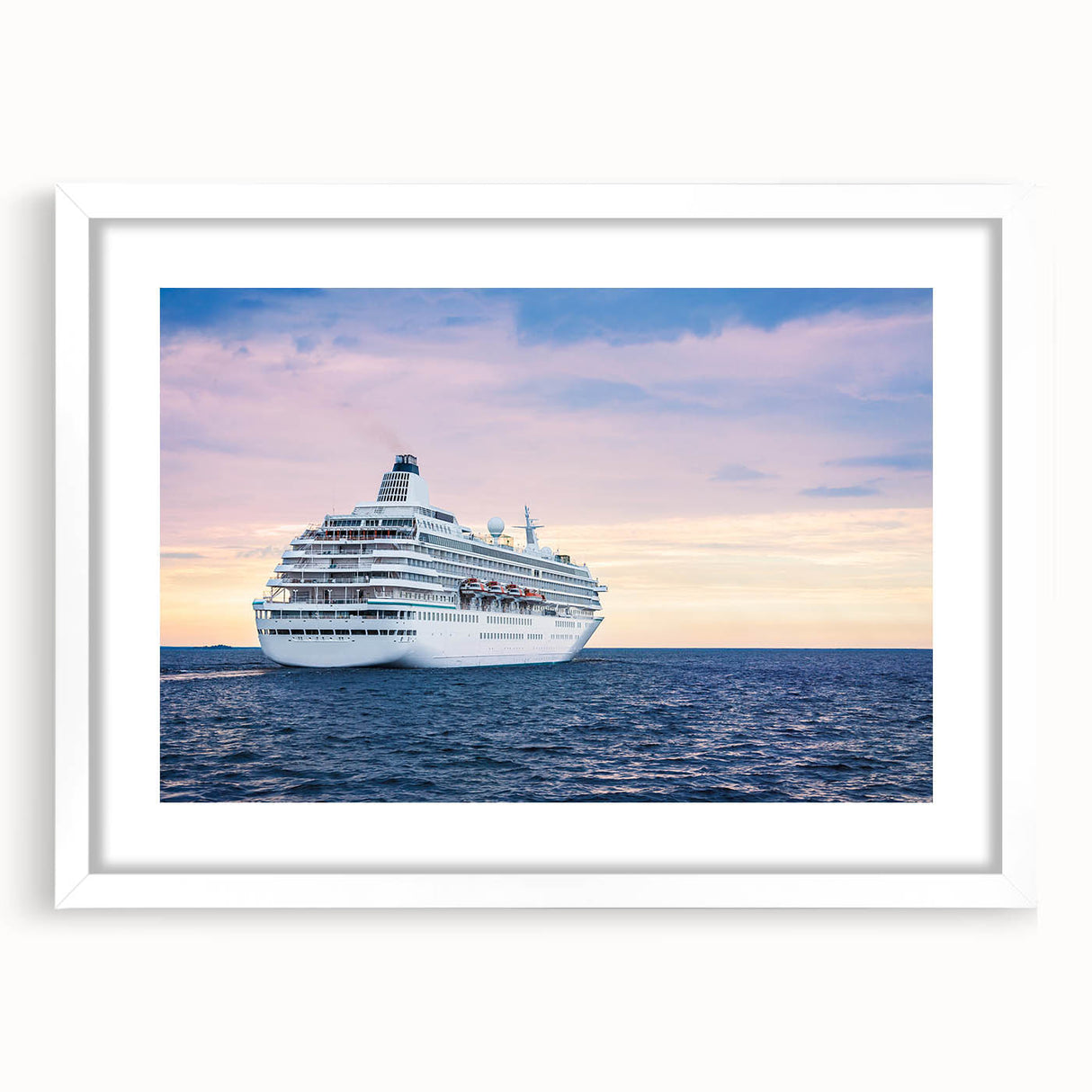 Extra large abstract art print of a ship in textured blues and grays on a white framed canvas, ideal for living room decor.