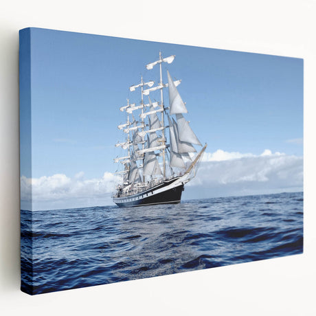 Large art of a vintage ship on stretched canvas, using muted blue and white tones, ideal for kitchen wall decor.