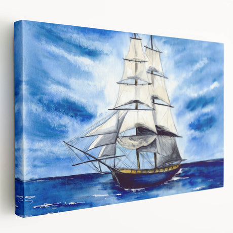 Large art print of a ship at sea in muted blue tones on stretched canvas, suitable for kitchen wall decor.