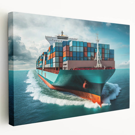 Large art print of a vintage ship on stretched canvas, featuring muted blue and gray tones, ideal for kitchen wall decor.