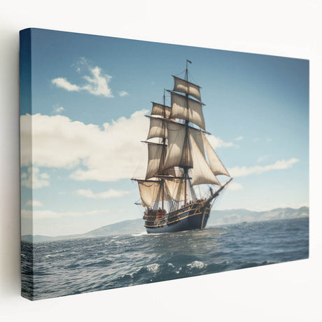 Large art print of a side-view ship on stretched canvas, featuring neutral oceanic colors, ideal for kitchen wall art.