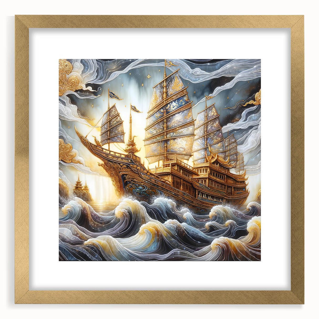 Extra large abstract art print of a ship, in muted blue and gray tones on a textured canvas, ideal for living room decor.