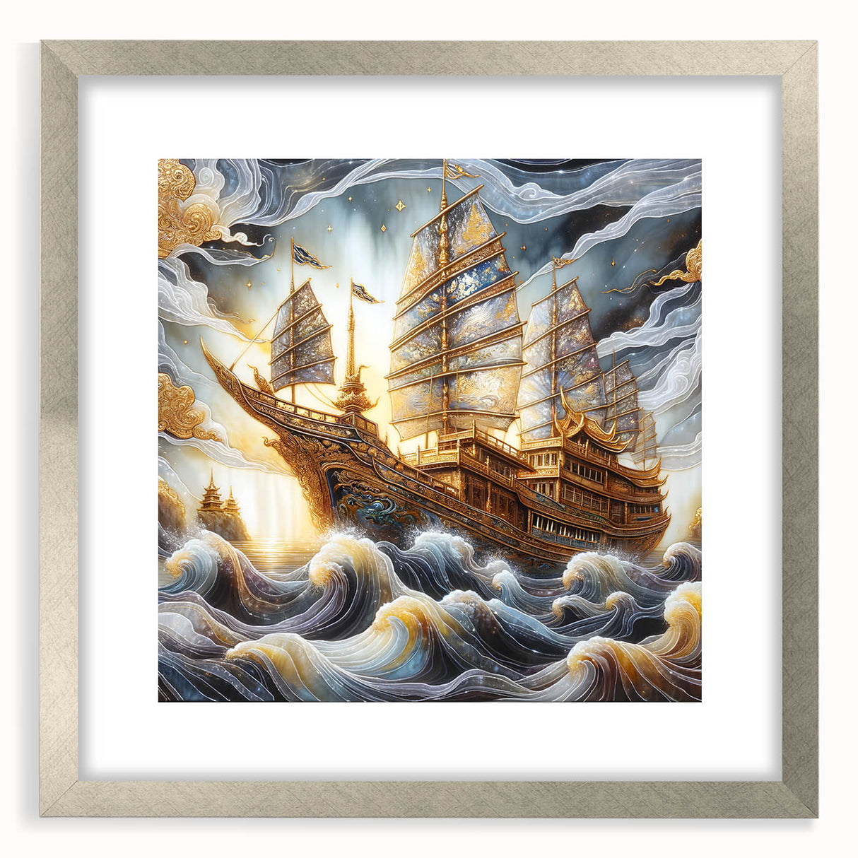 Abstract textured art print of a stylized ship in silver frame, featuring neutral gray tones, ideal for modern bedroom decor.